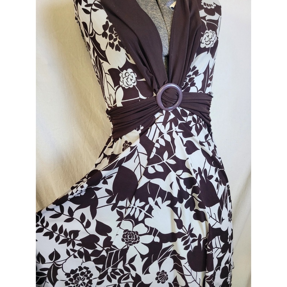 Vintage 90s Y2K Brown White Floral Dress La Belle Stretch Tropical S V Neck - Picture 3 of 12